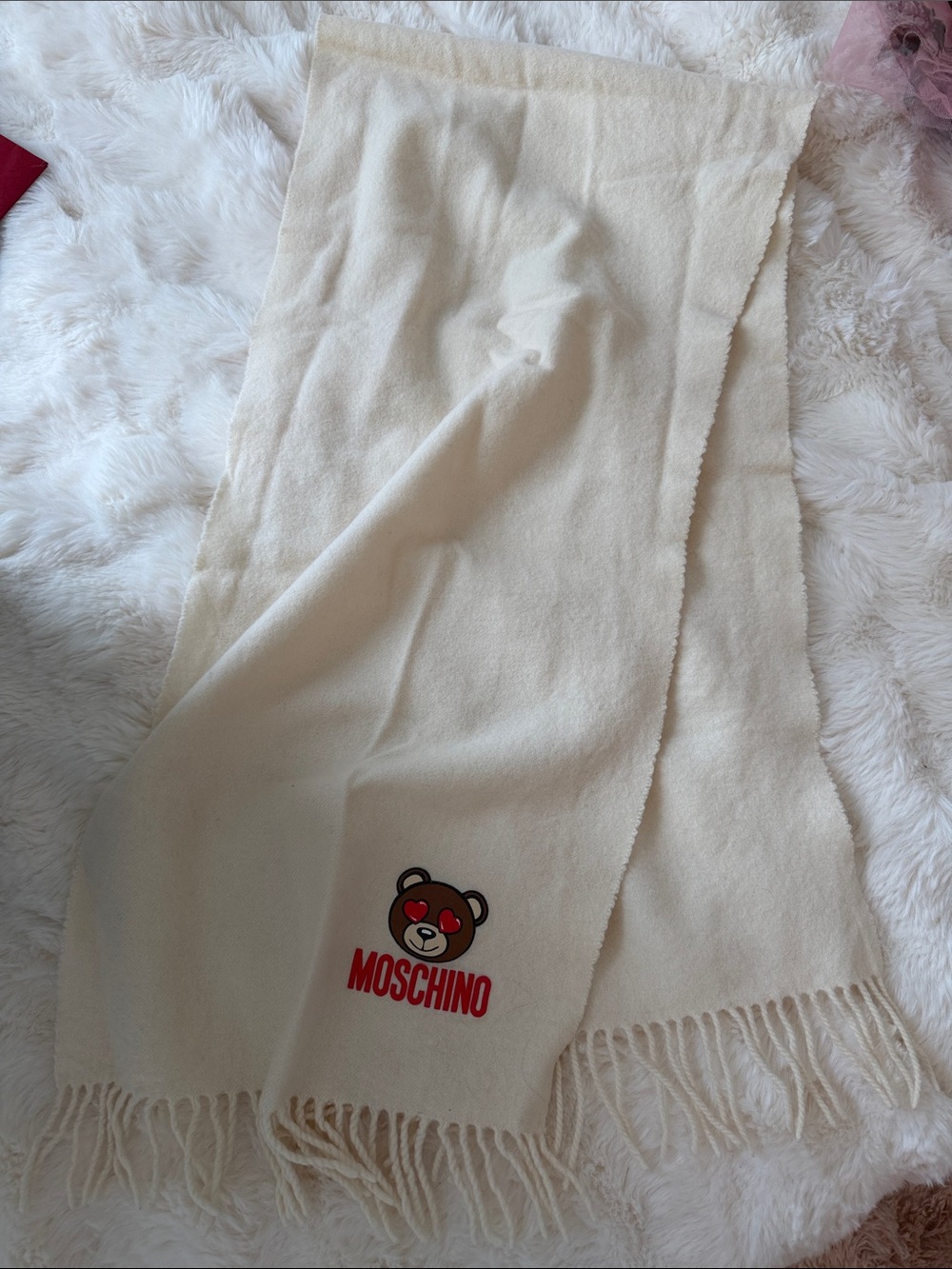Moschino Cream Scarf with Teddy Logo and Red Accent